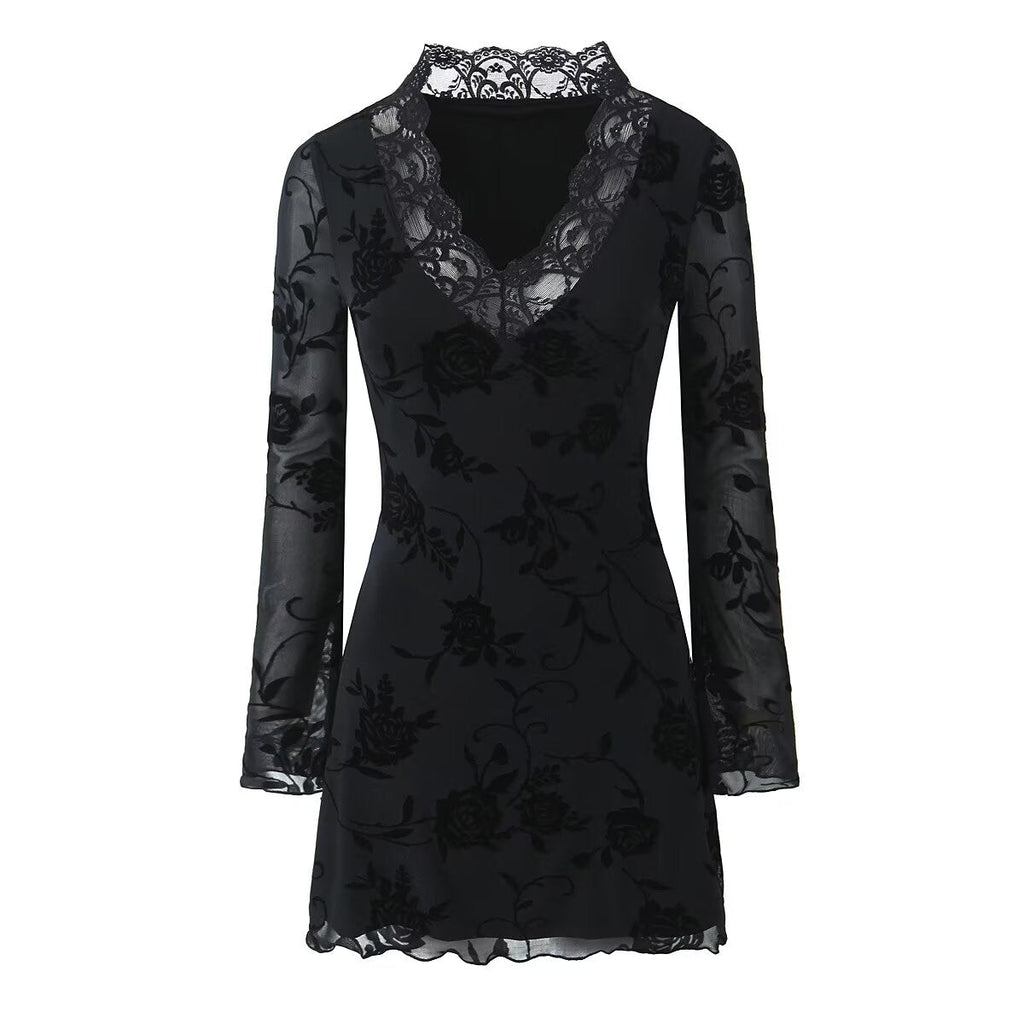 Fall Black Rose Lace Trim Dress Women Clothing Bella Mia