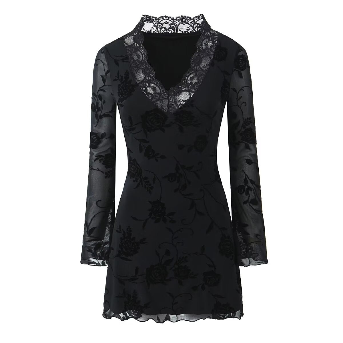 Fall Black Rose Lace Trim Dress Women Clothing Bella Mia