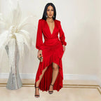 Women Wear Elegant V neck Split Long Sleeve Solid Color Dress Bella Mia