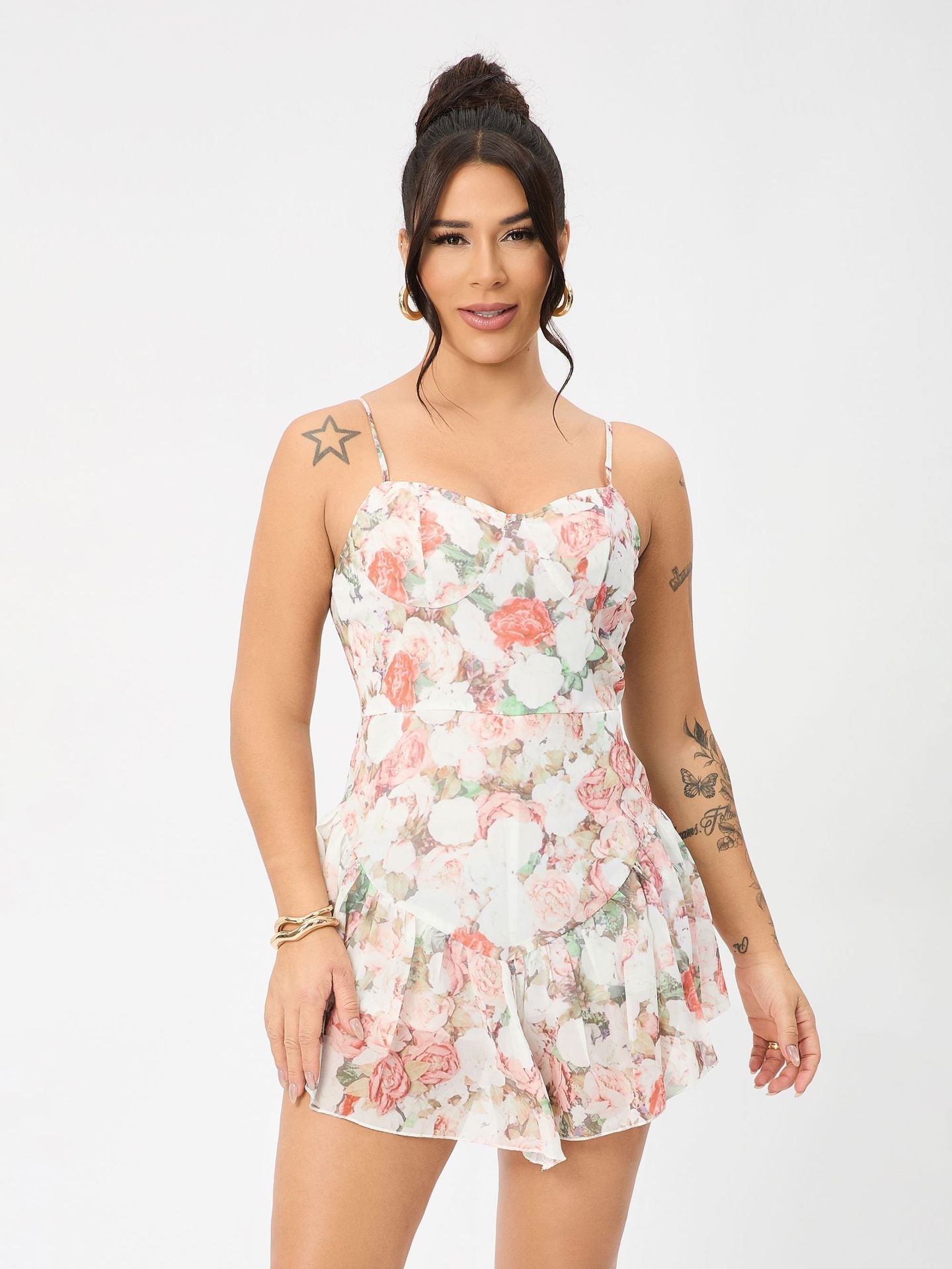 Floral Summer Adjustable Shoulder Strap Ruffled Hem Sexy Mini Dress Bella Mia