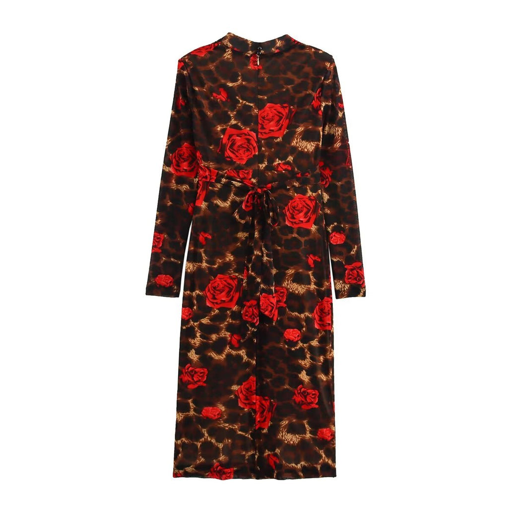Winter V neck Slim Knitted Leopard Rose Print Sheath Long Sleeve Dress Bella Mia