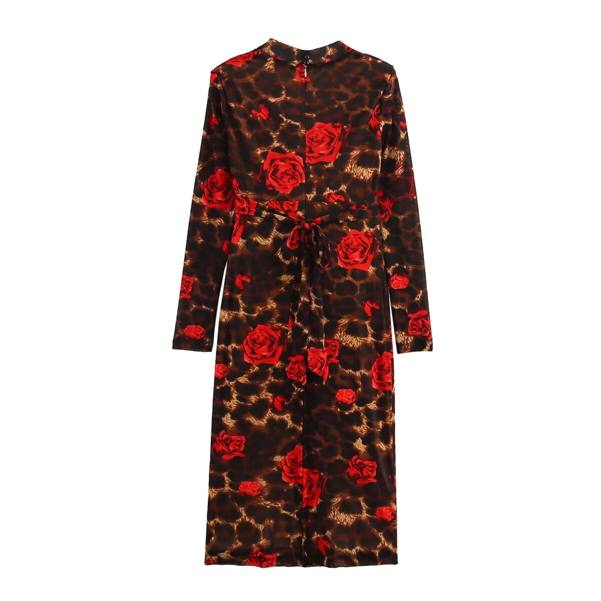 Winter V neck Slim Knitted Leopard Rose Print Sheath Long Sleeve Dress Bella Mia