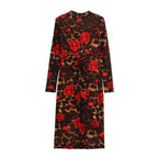 Winter V neck Slim Knitted Leopard Rose Print Sheath Long Sleeve Dress Bella Mia