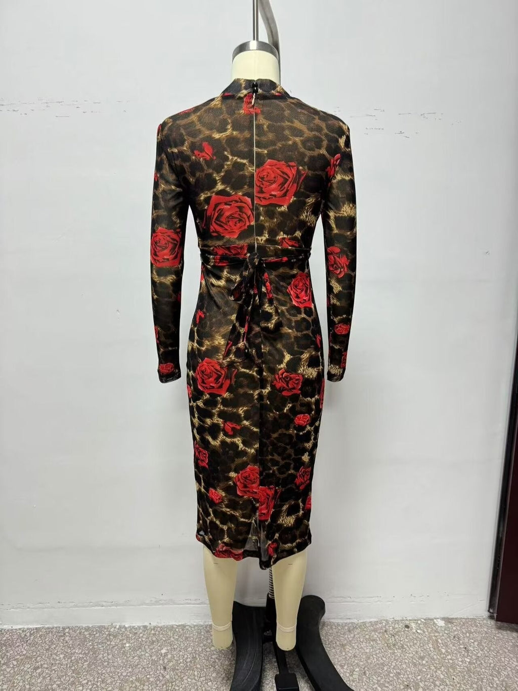 Winter V neck Slim Knitted Leopard Rose Print Sheath Long Sleeve Dress Bella Mia
