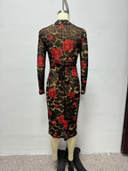 Winter V neck Slim Knitted Leopard Rose Print Sheath Long Sleeve Dress Bella Mia