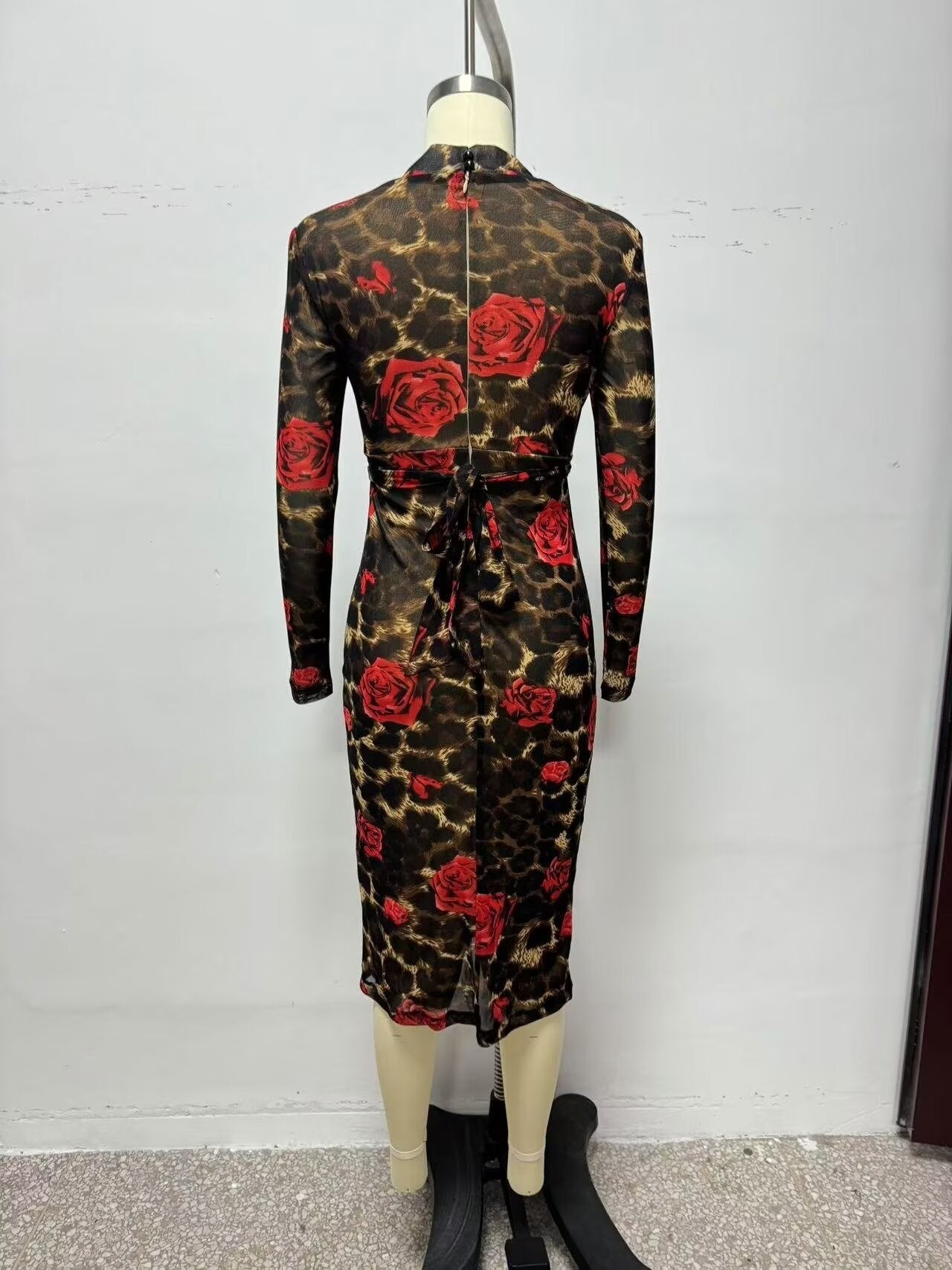 Winter V neck Slim Knitted Leopard Rose Print Sheath Long Sleeve Dress Bella Mia