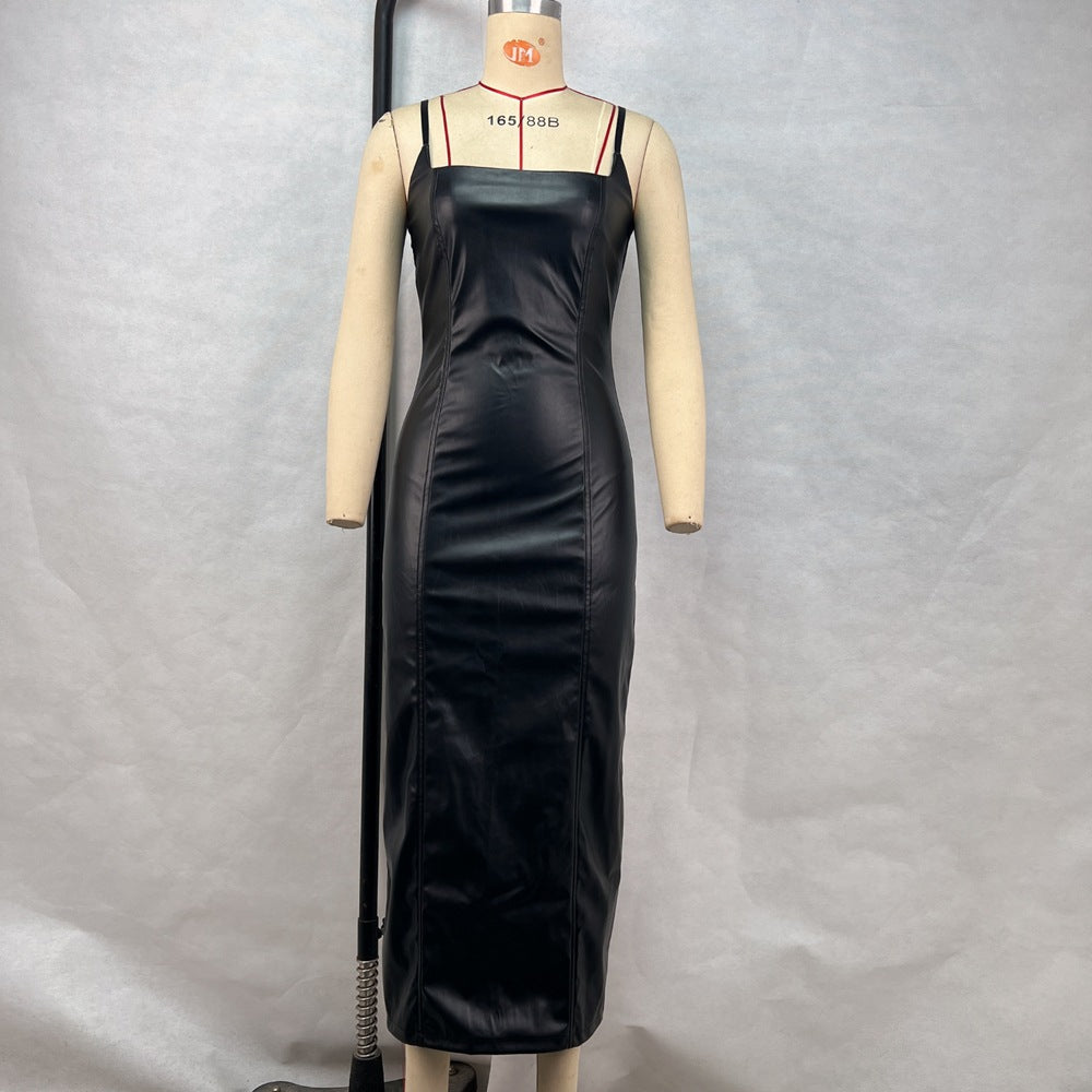 Women Clothing Dress Spring Summer Leather Sling Zipper Back Slit Line Waist Tight Hip Dress Bella Mia