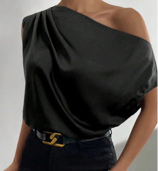 Spring Solid Color Satin Artificial Silk Irregular Asymmetric Shoulder off Shoulder Pullover Sleeveless Shirt Women Clothing Bella Mia