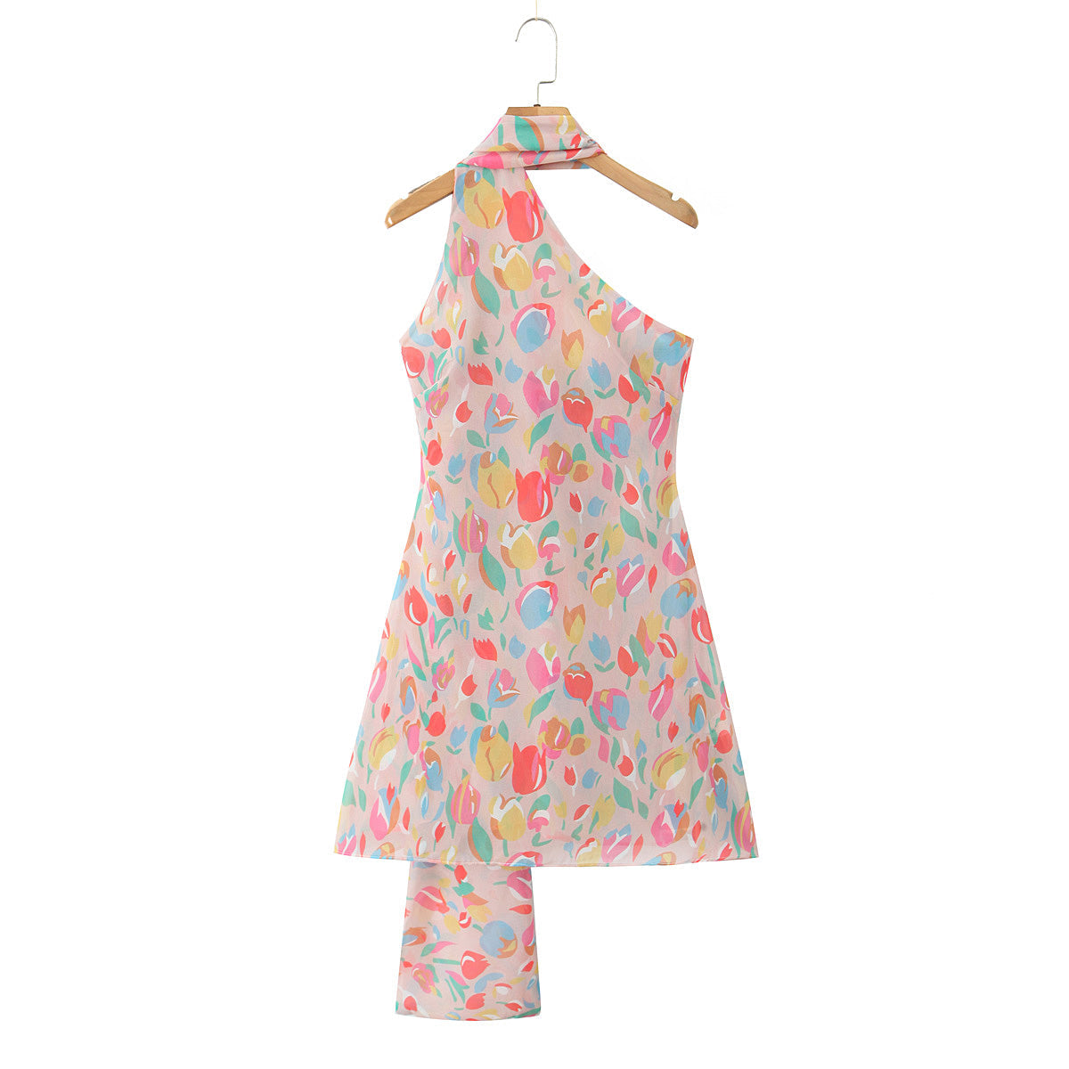 Winter Tulip Oil Color Printing Asymmetric Oblique Shoulder Vacation Casual Dress Bella Mia