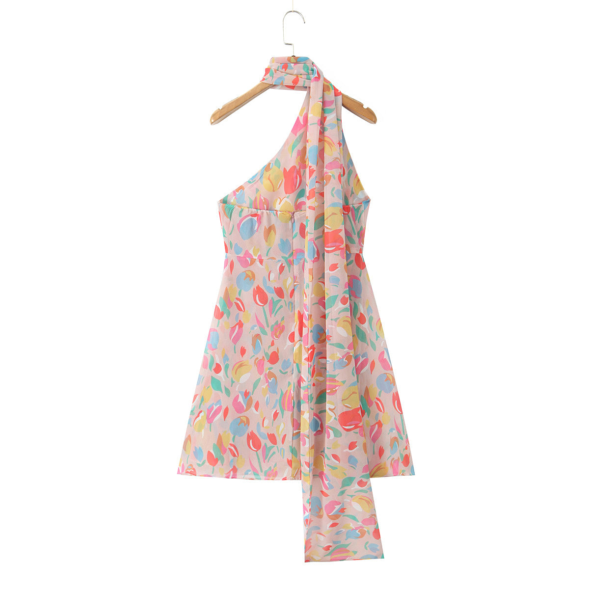 Winter Tulip Oil Color Printing Asymmetric Oblique Shoulder Vacation Casual Dress Bella Mia