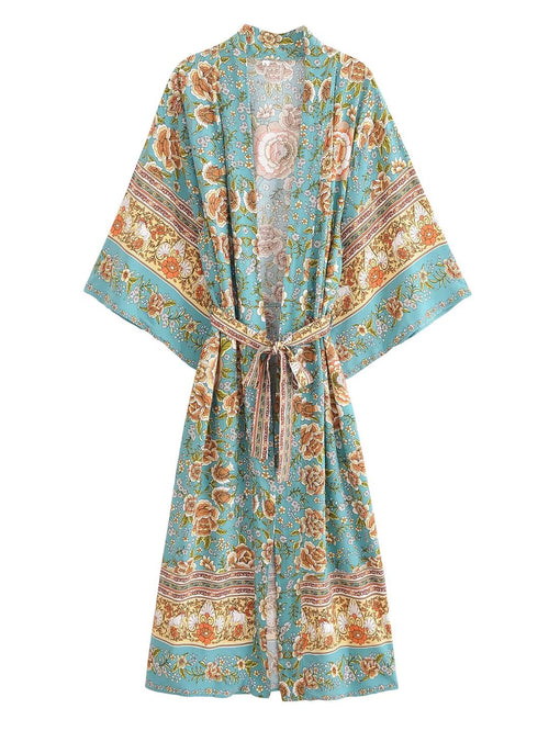 Autumn Women Rayon Positioning Floral Belt Long Kimono Cardigan Bella Mia