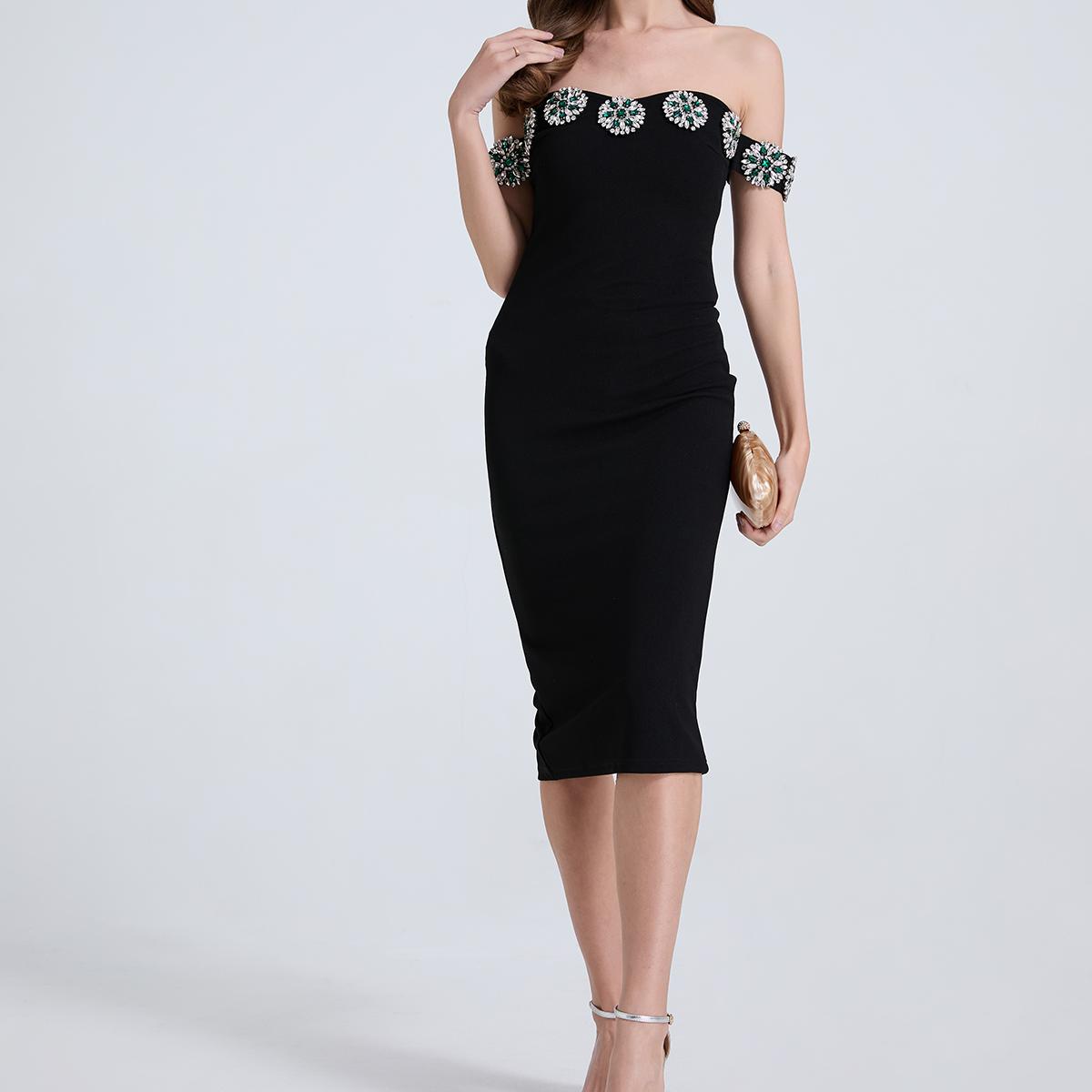 Women Nail Diamond One Line Shoulder Diamond Slim Slit Dress Bella Mia