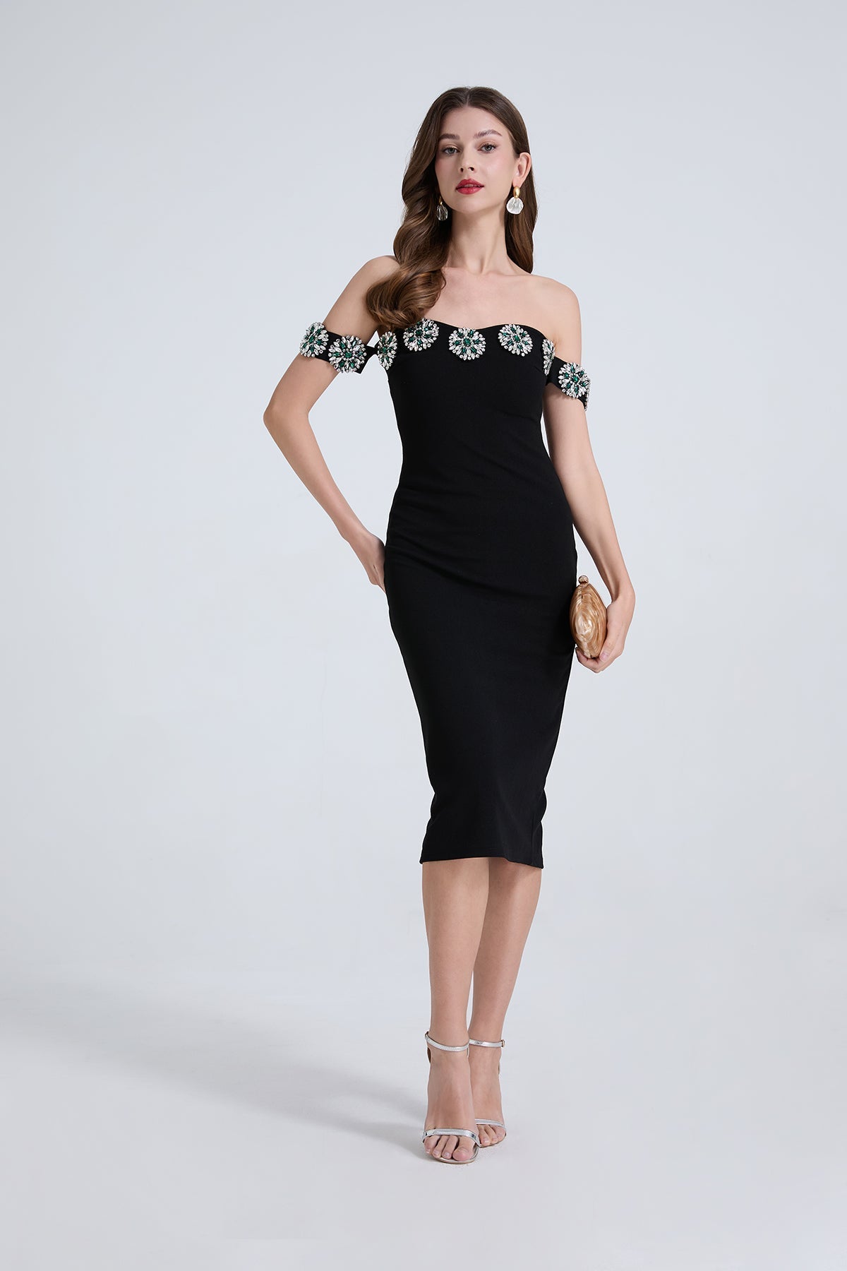 Women Nail Diamond One Line Shoulder Diamond Slim Slit Dress Bella Mia