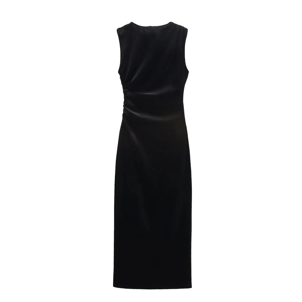 Spring Women Elegant Velvet Texture Pleated Midi Dress Bella Mia