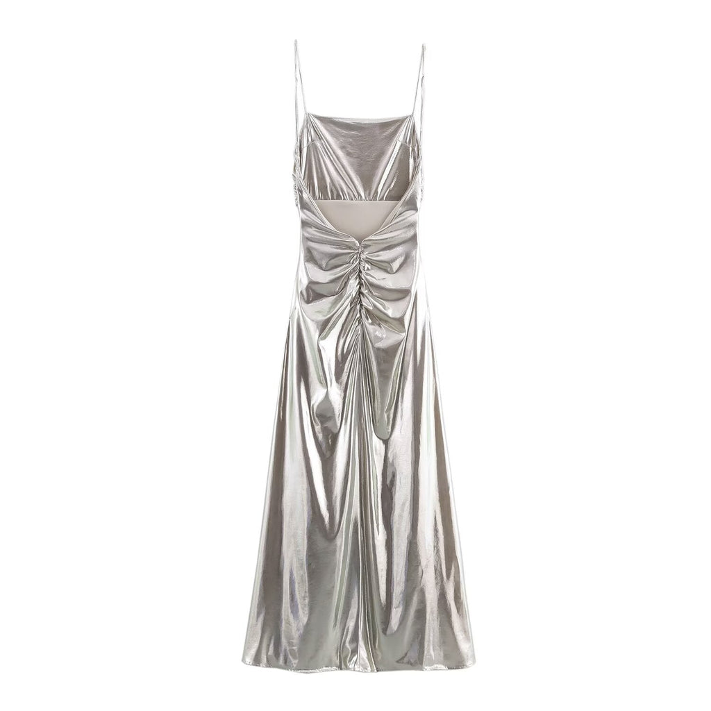 Women Clothing Metal Foil Pleated Slim Strap Dress Bella Mia
