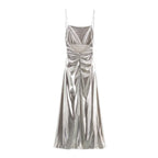 Women Clothing Metal Foil Pleated Slim Strap Dress Bella Mia
