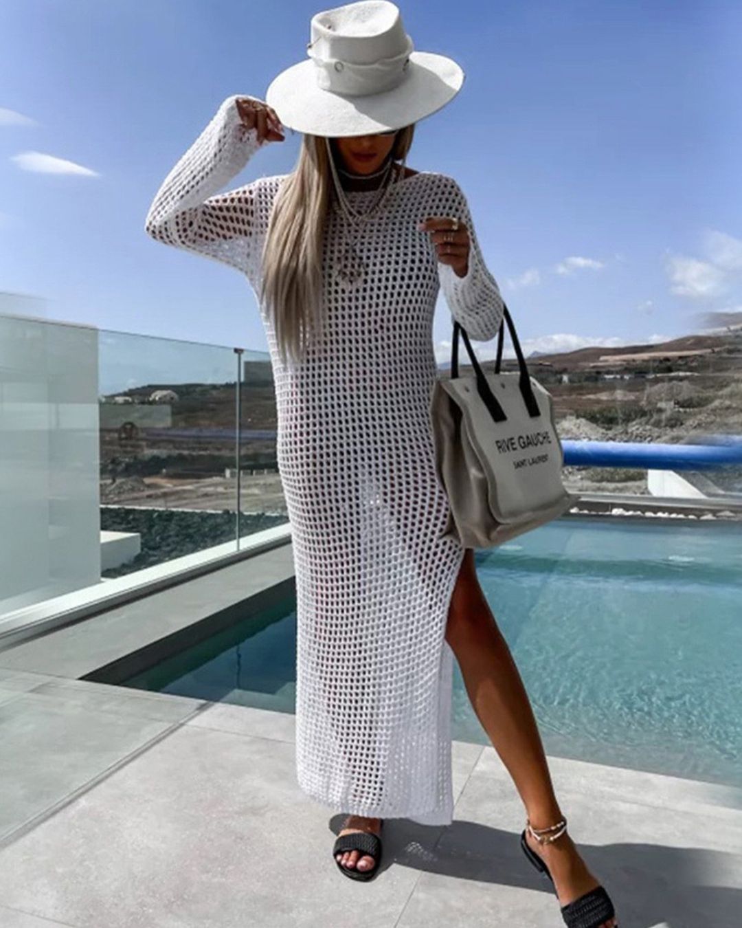 Spring Summer Vacation Beach Blouse Sexy Knitted Hollow Out Cutout out Maxi Dress Beach Cover Up Dress Bella Mia