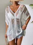 Summer Beach Cover-up Women Solid Color Sexy Knitted Beach V-neck Hollow Out Cutout Bikini Women Knitwear Bella Mia