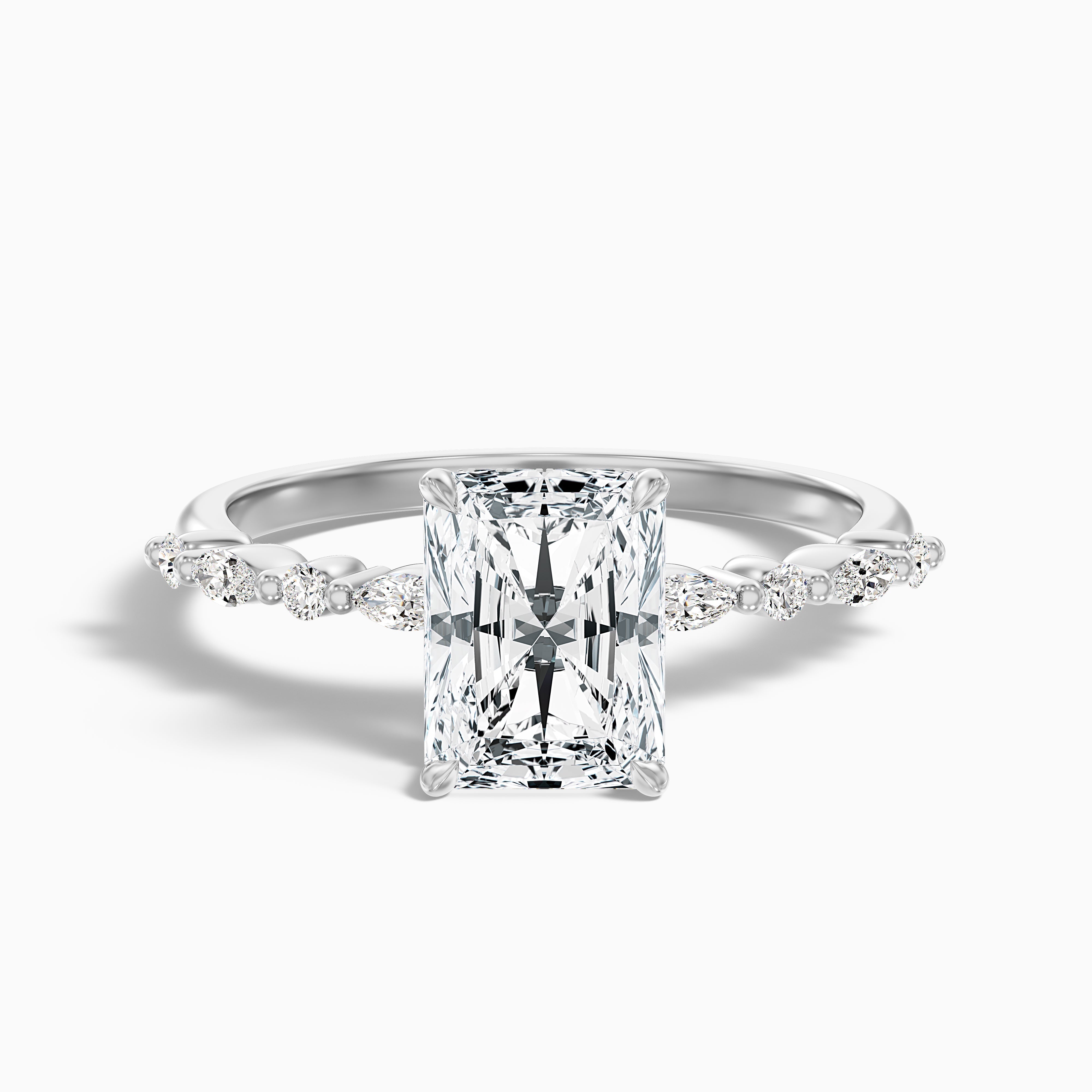 Erica 5 Carat Radiant With Side Stones and Hidden Halo Moissanite Engagement Ring in 10k White Gold