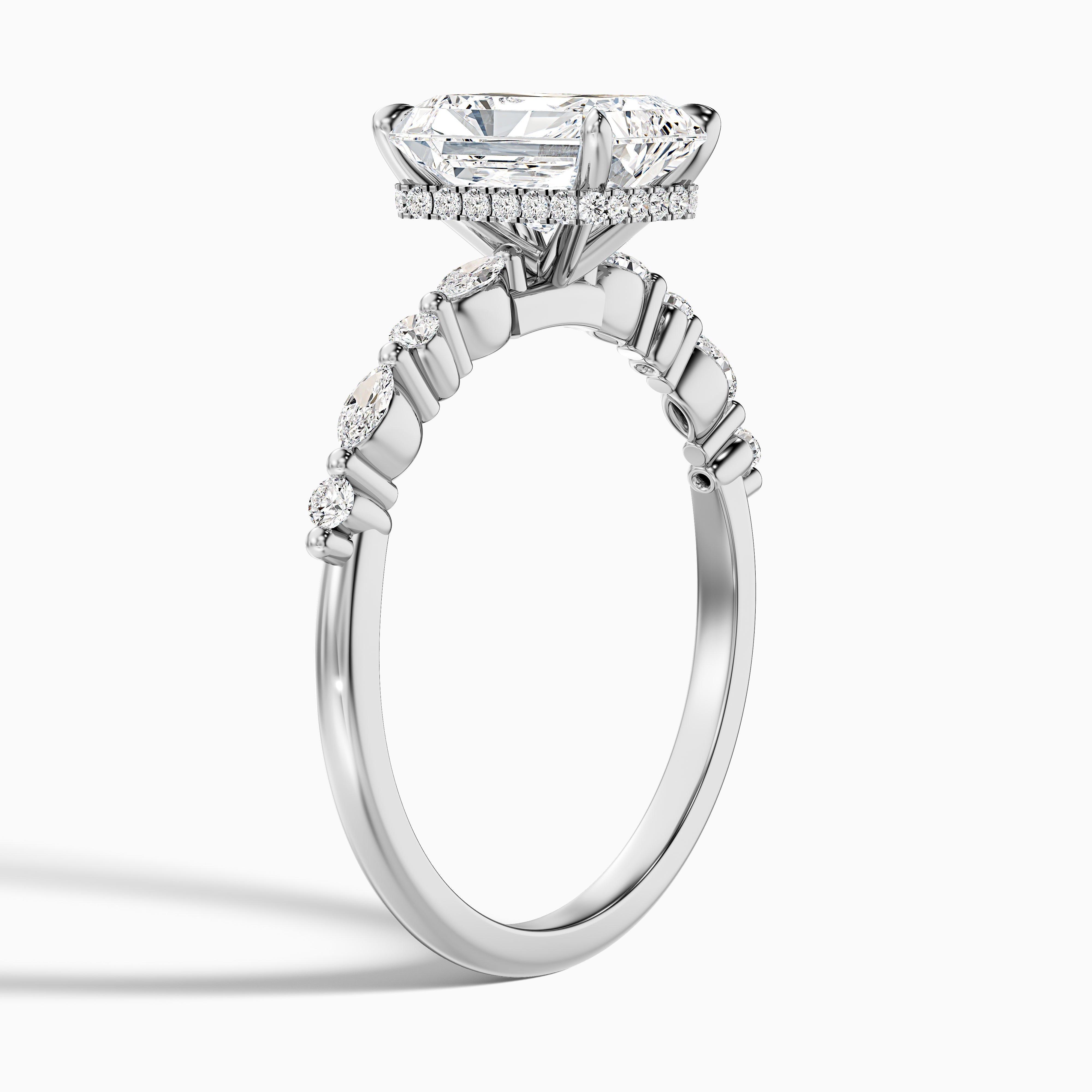 Erica 2 Carat Radiant With Side Stones and Hidden Halo Moissanite Engagement Ring in 14k Yellow Gold