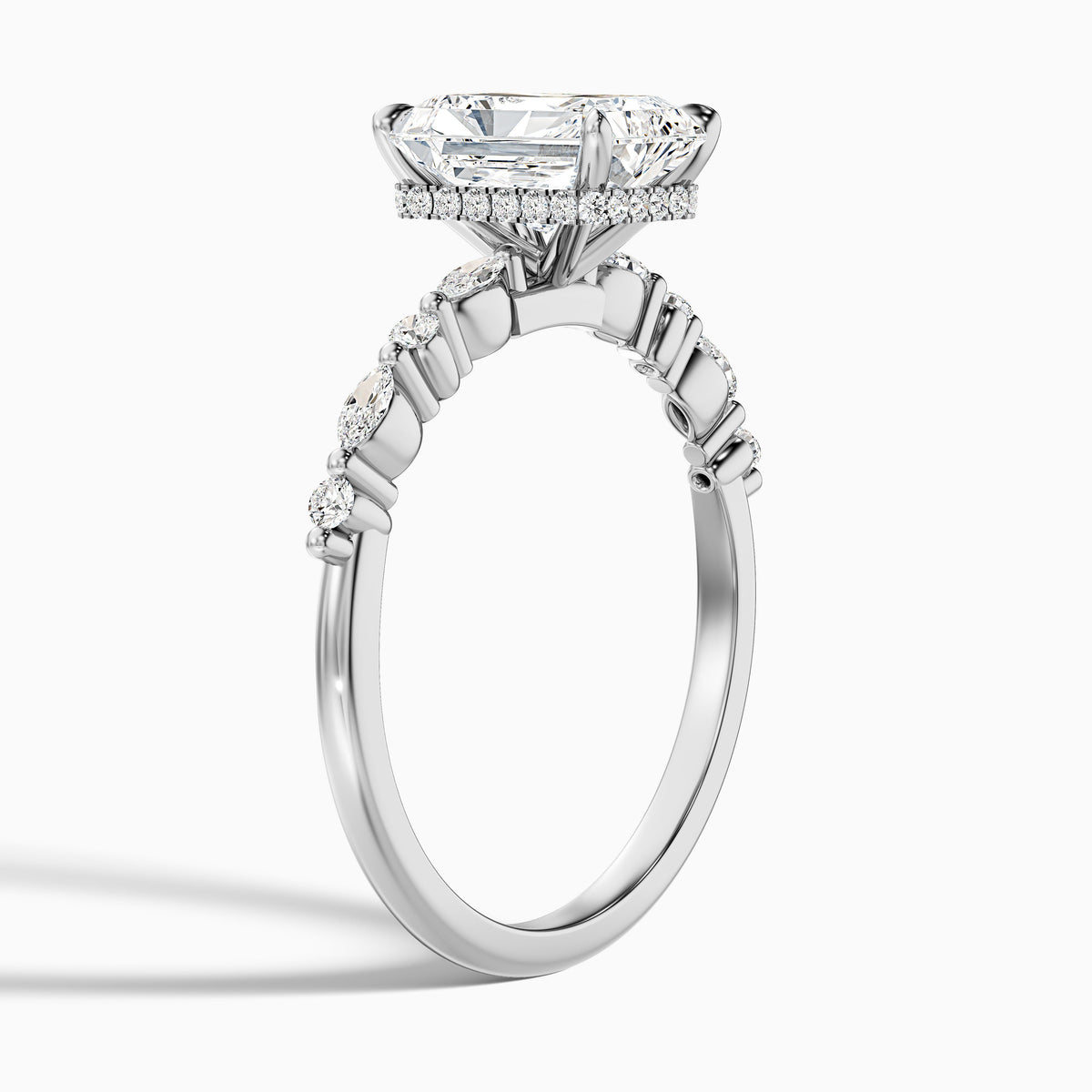 Erica 5 Carat Radiant With Side Stones and Hidden Halo Moissanite Engagement Ring in 10k White Gold