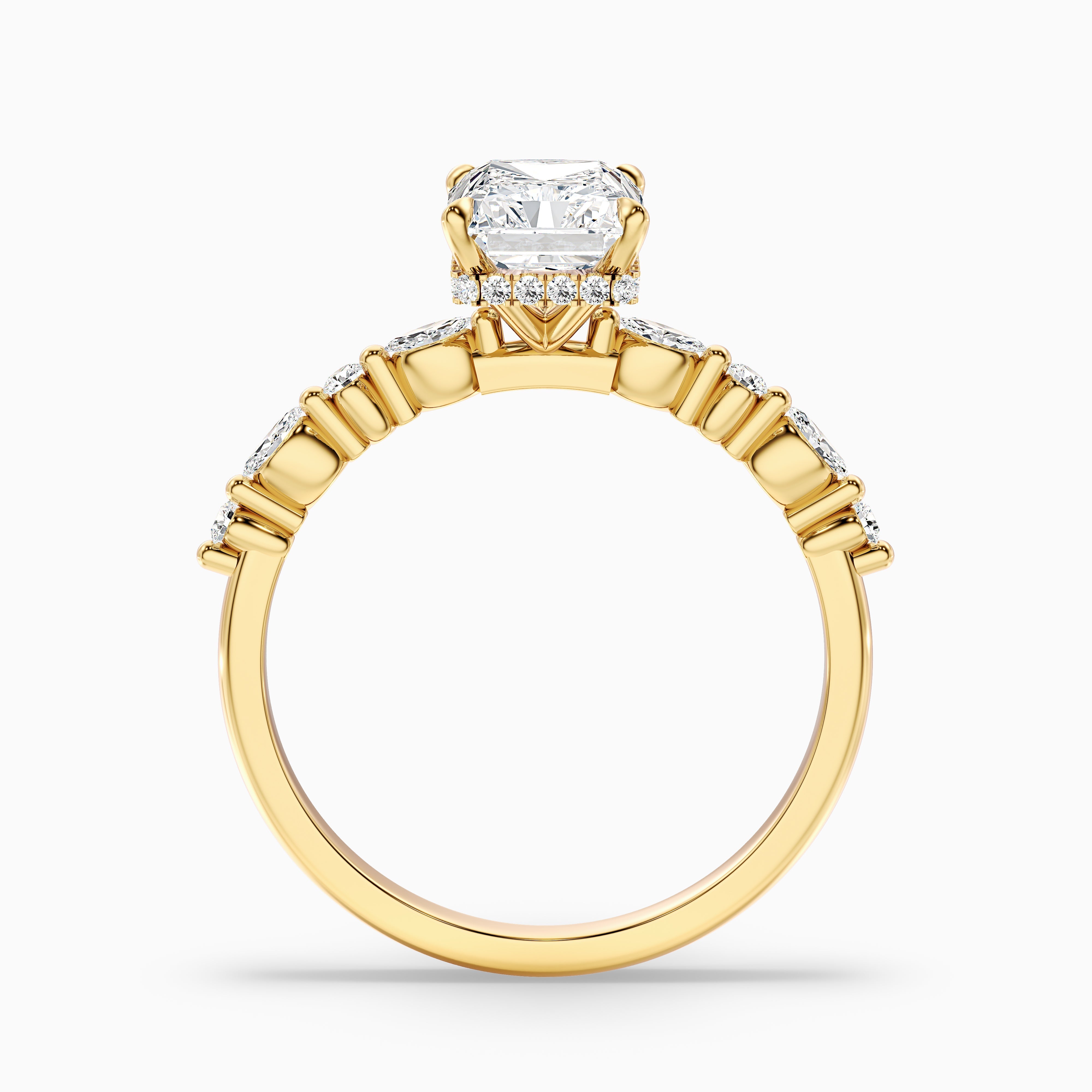 Erica 2 Carat Radiant With Side Stones and Hidden Halo Moissanite Engagement Ring in 10k Yellow Gold