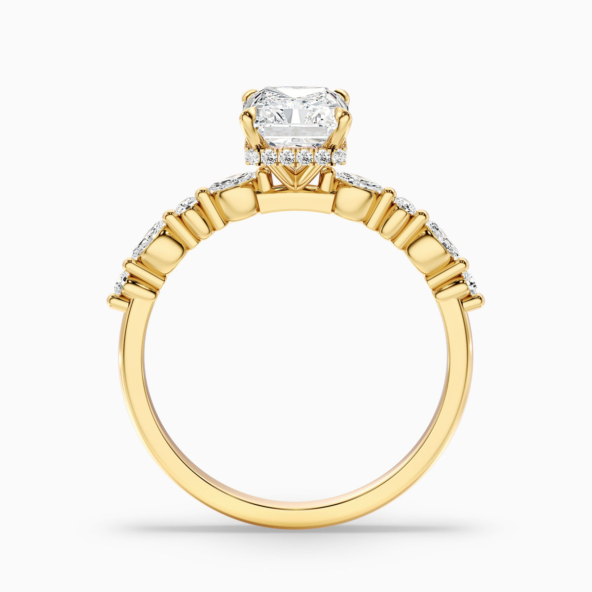 Erica 5 Carat Radiant With Side Stones and Hidden Halo Moissanite Engagement Ring in 10k White Gold