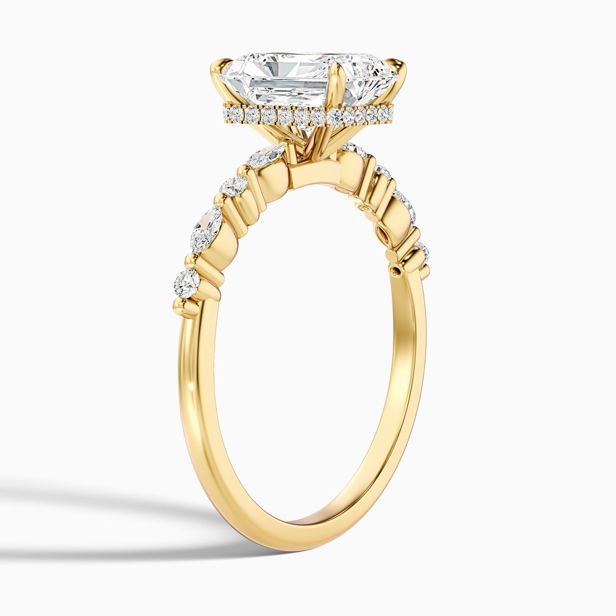 Erica 5 Carat Radiant With Side Stones and Hidden Halo Moissanite Engagement Ring in 10k White Gold