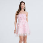 Women Embroidery Bead Studded Three Dimensional Flower High Waist Dress Yarn Shag Dress
