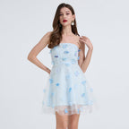 Women Embroidery Bead Studded Three Dimensional Flower High Waist Dress Yarn Shag Dress