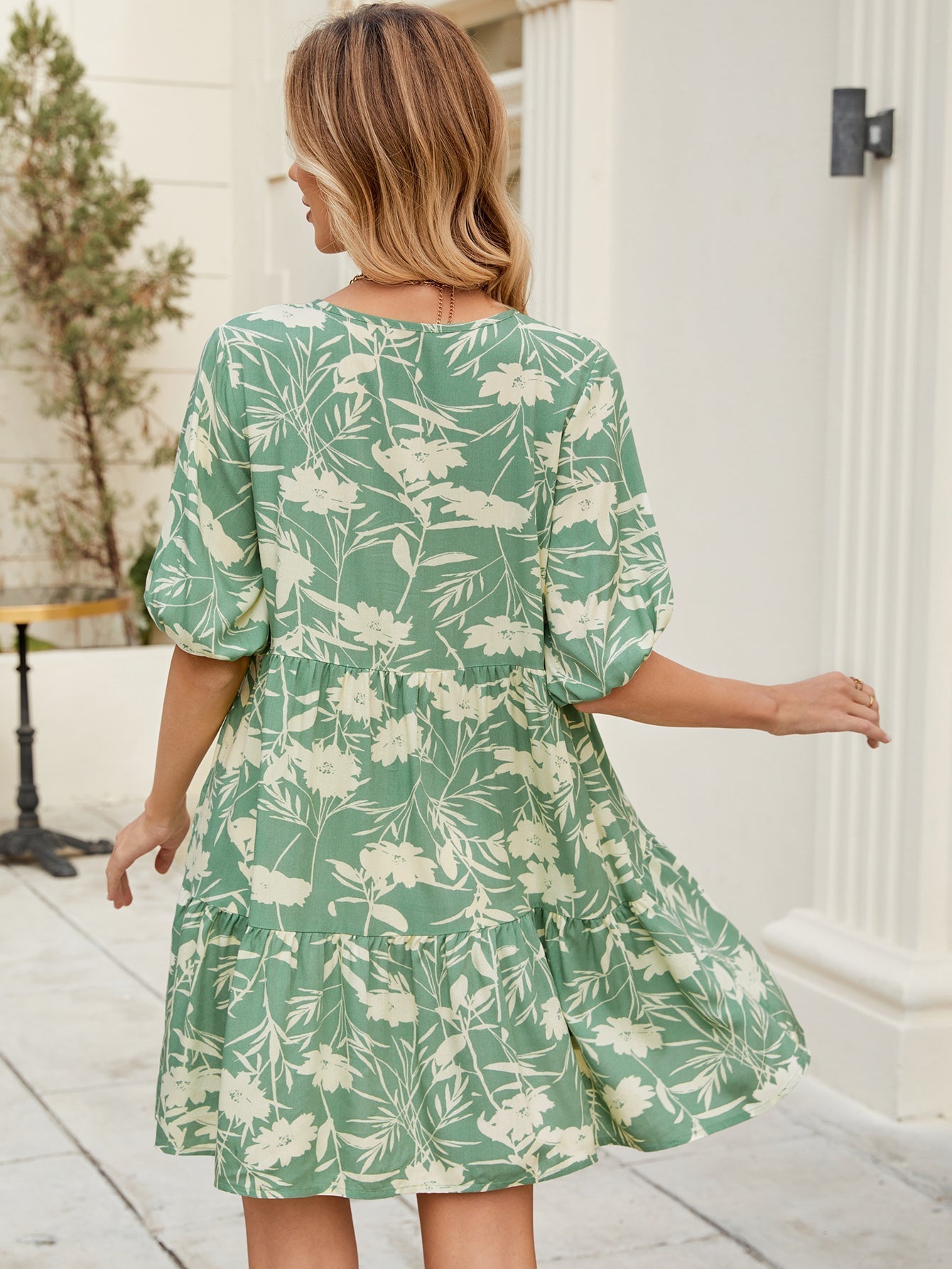 Women Summer Print V Neck Loose Short Sleeved Dress Bella Mia