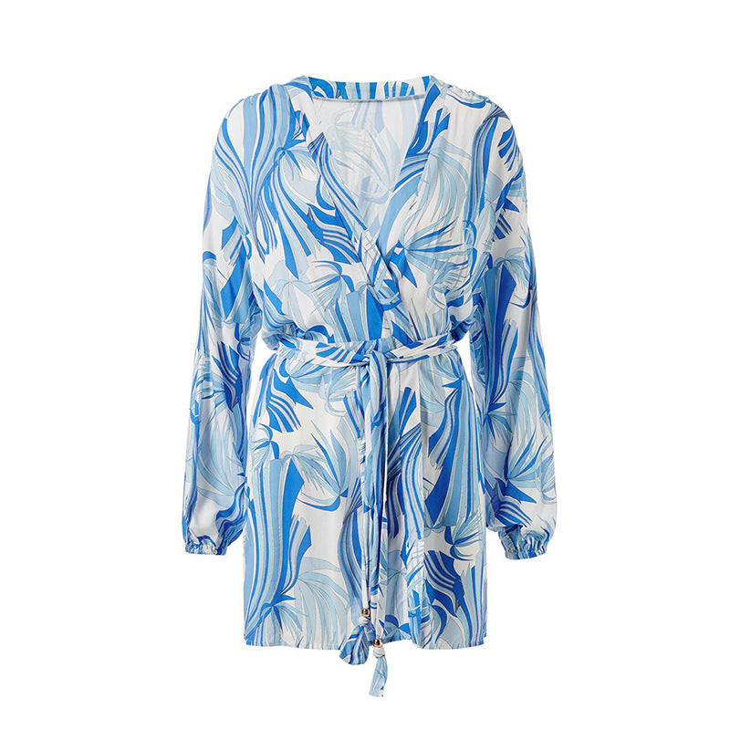 Summer Printed Sun Protection Shirt Blue Irregular Asymmetric Striped Beach Bikini Swimsuit Outwear Blouse Women Bella Mia