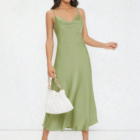 Women Clothing Spring Summer Satin Sling Deep V Plunge neck Slim Solid Color Dress Bella Mia