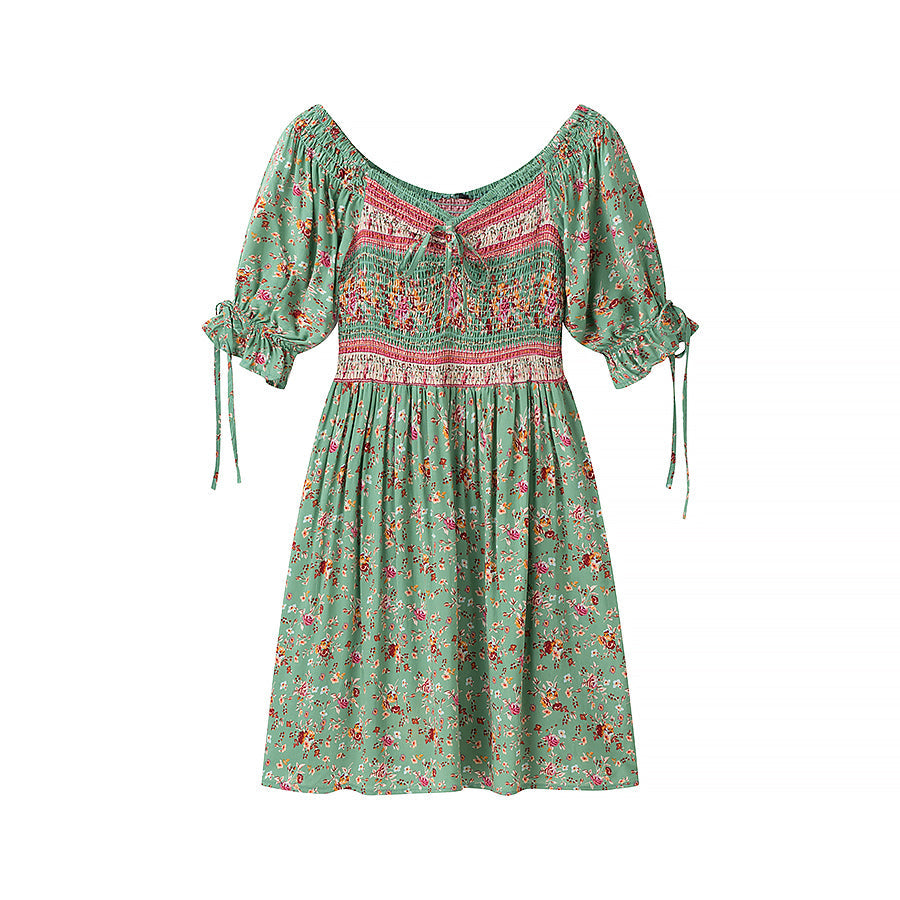 Women Clothing Autumn Green Positioning Rayon Printed Elastic Dress Women