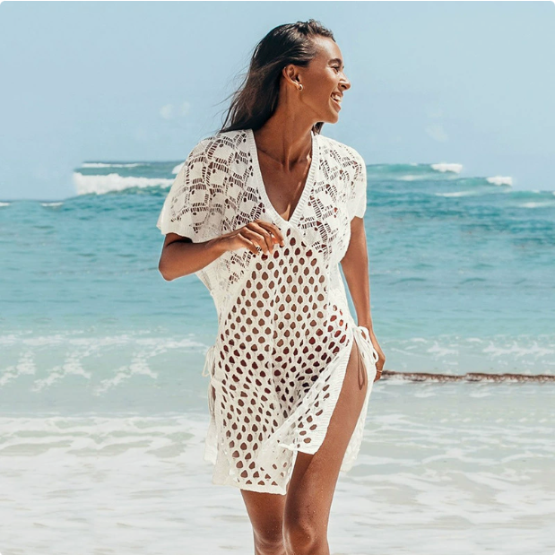 Blouse Women Knitted Hollow Out Cutout out V neck Pullover Short Sleeve Smock Dress Women Breathable Bella Mia