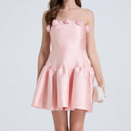 Ladies Elegant Three Dimensional Flower Waist Solid Color Strapless Little Dress Bella Mia