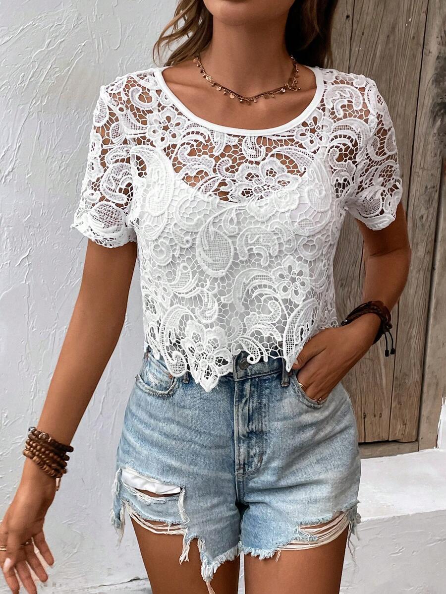 Women Spring And Autumn Hollow Hook Woven Round Neck Pullover Blouse Bella Mia