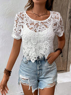 Women Spring And Autumn Hollow Hook Woven Round Neck Pullover Blouse Bella Mia