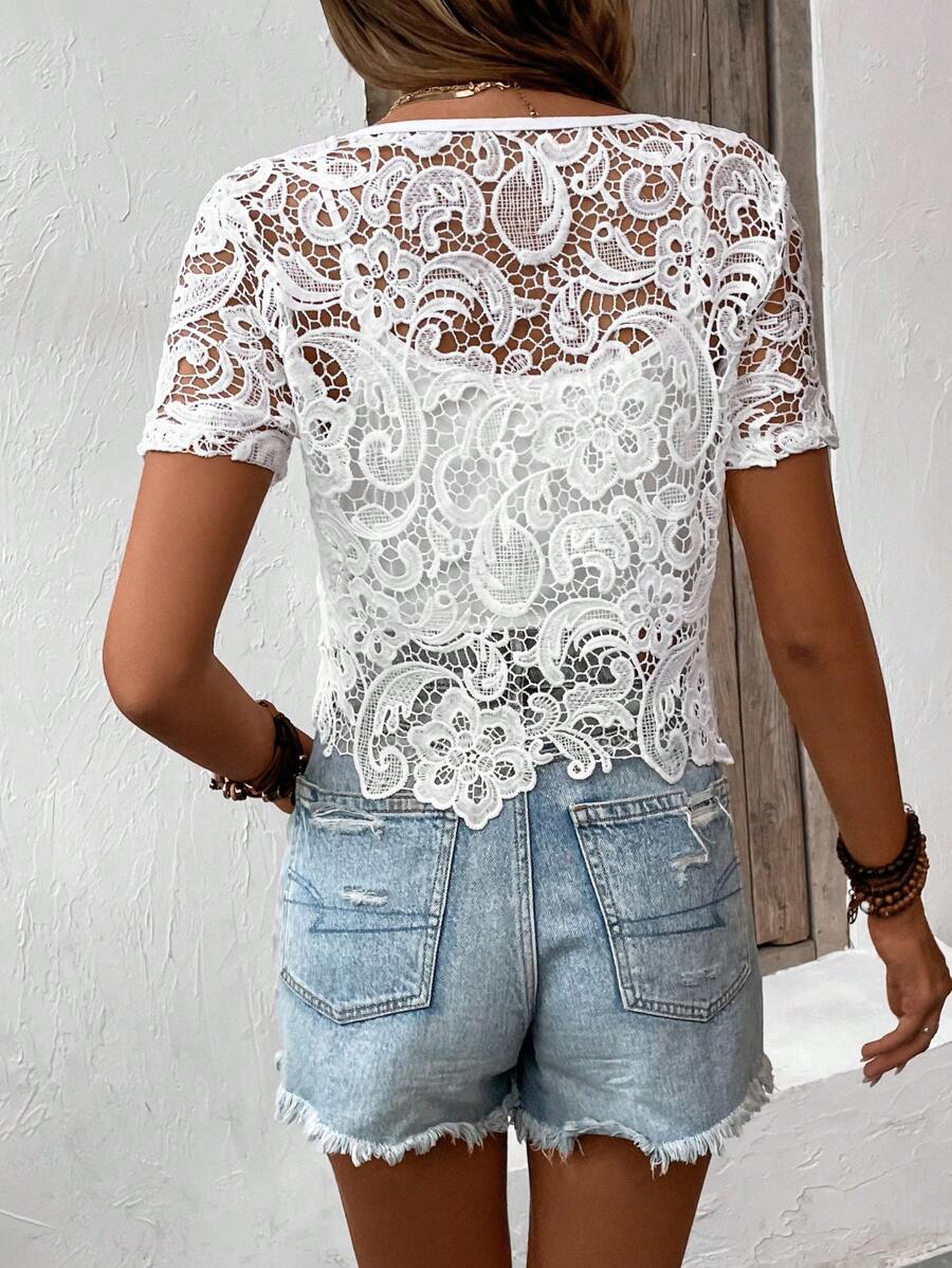 Women Spring And Autumn Hollow Hook Woven Round Neck Pullover Blouse Bella Mia
