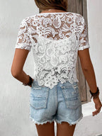 Women Spring And Autumn Hollow Hook Woven Round Neck Pullover Blouse Bella Mia
