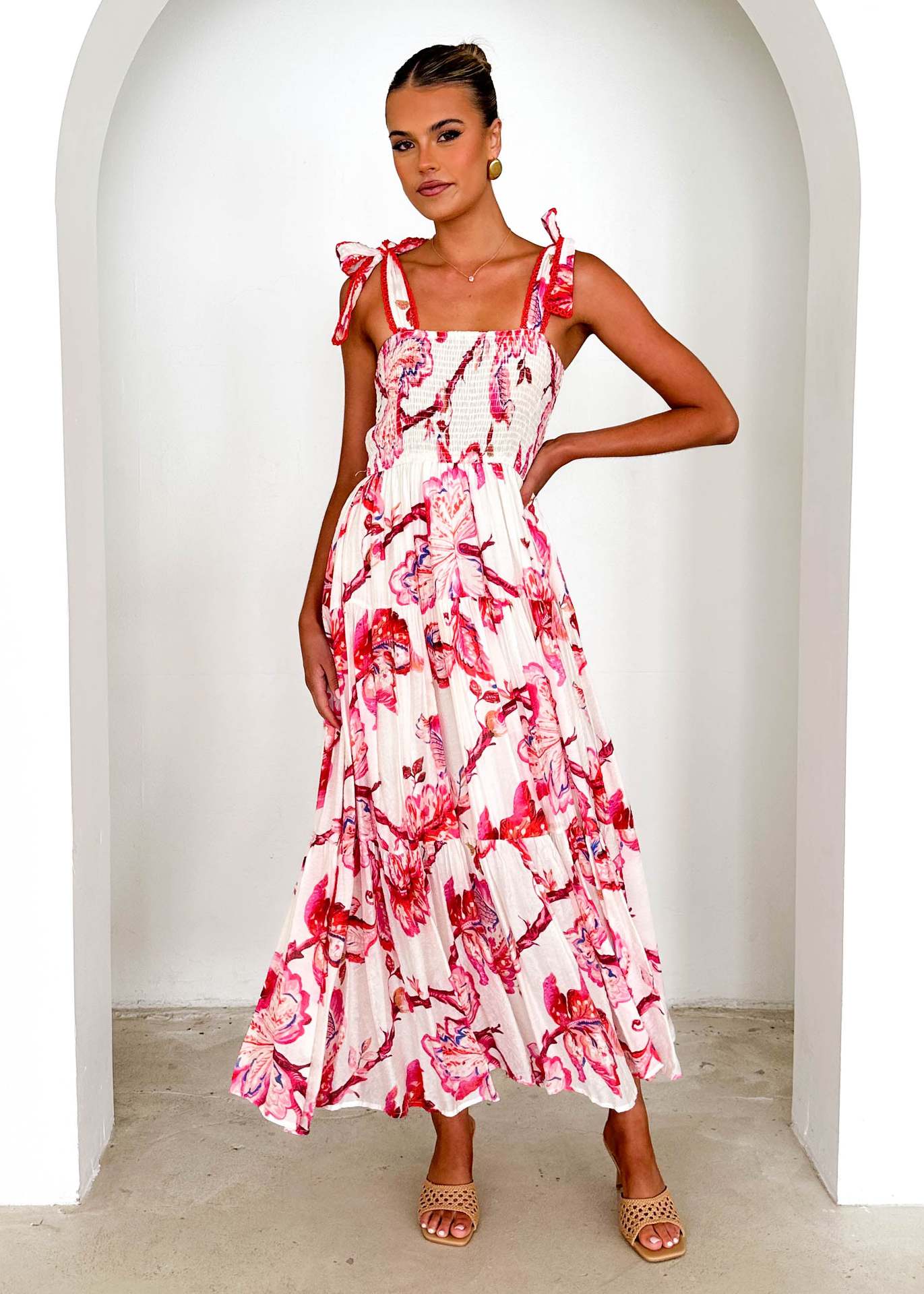 Spring Summer Floral Printed Sling Smocking Elastic Waist Knotted Shoulder Strap Large Swing Dress Long Bella Mia
