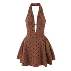 Sweet Rhinestone Chic Halter Dress Retro Sexy Deep V Plunge neck Slim Fit Backless Mini Bella Mia