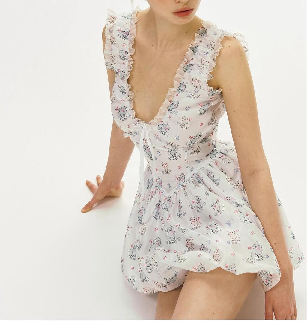 Spring Summer Women Clothing Sexy Fresh Printed V neck Tulle Dress Bella Mia