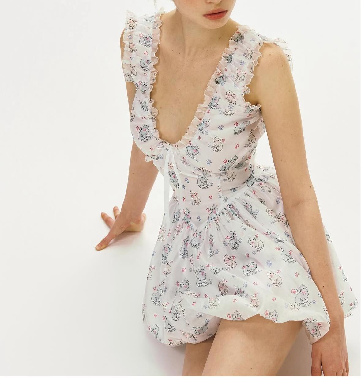 Spring Summer Women Clothing Sexy Fresh Printed V neck Tulle Dress Bella Mia