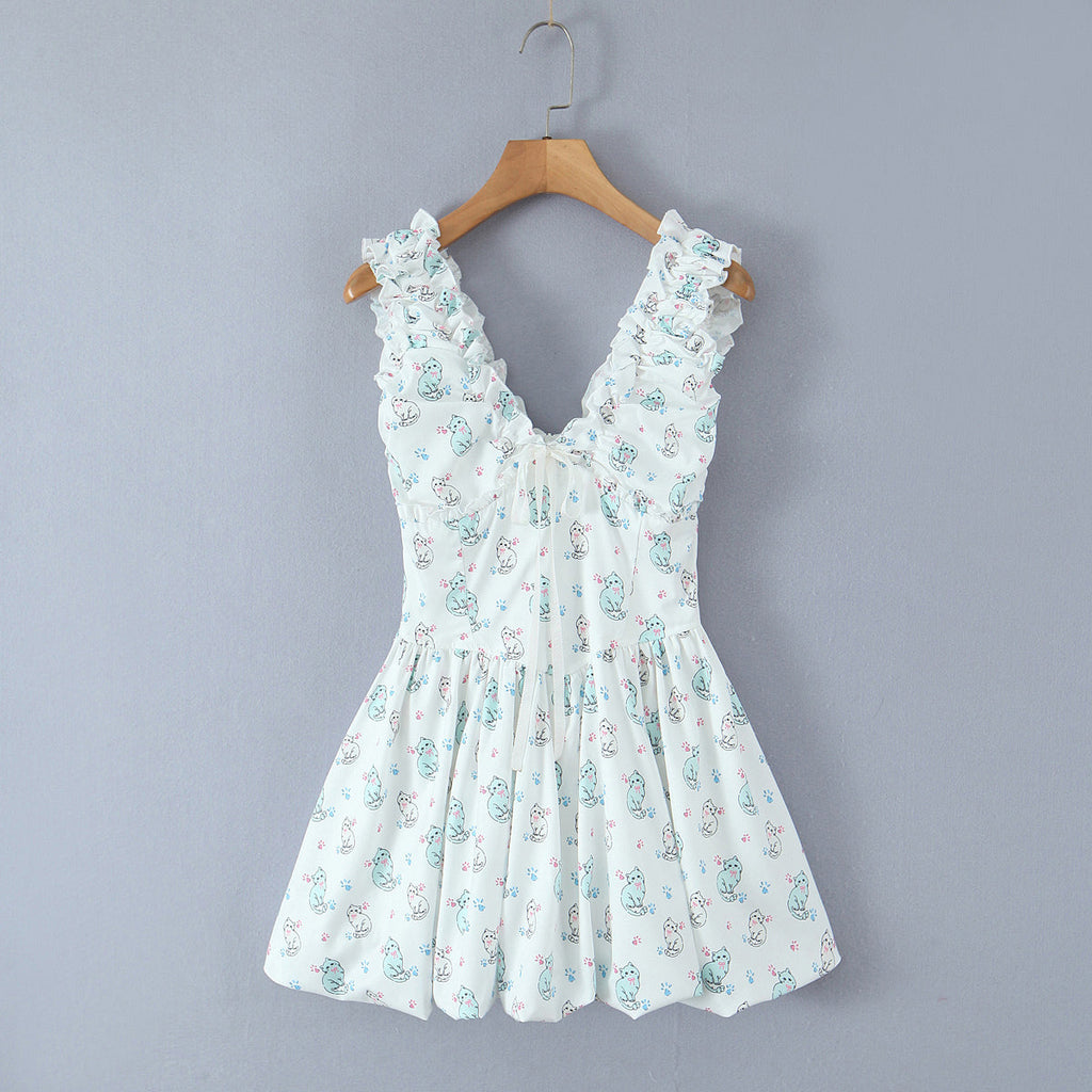 Spring Summer Women Clothing Sexy Fresh Printed V neck Tulle Dress Bella Mia