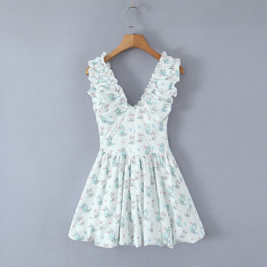 Spring Summer Women Clothing Sexy Fresh Printed V neck Tulle Dress Bella Mia