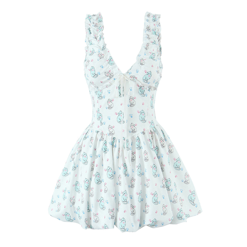 Spring Summer Women Clothing Sexy Fresh Printed V neck Tulle Dress Bella Mia