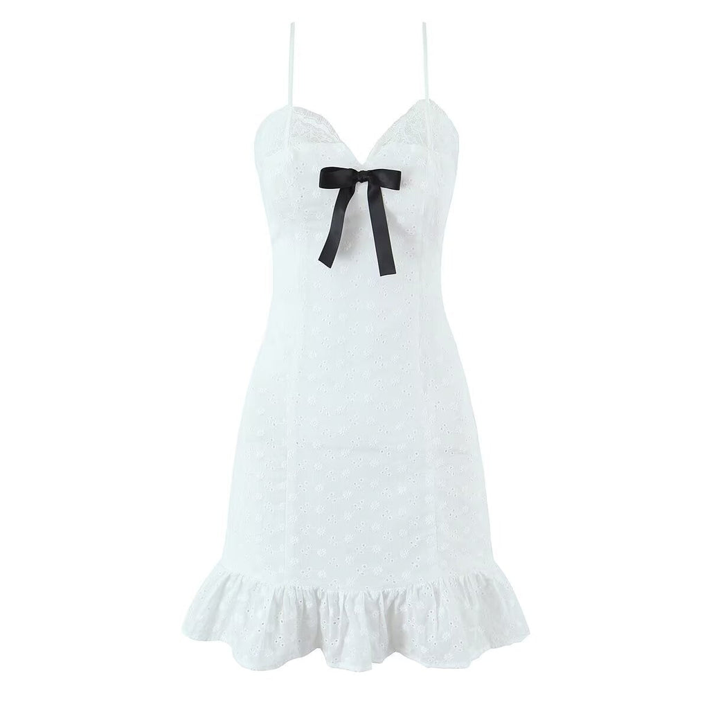 V neck Lace Chest Bow Suspender Dress Sweet Slim Fit Wooden Ear