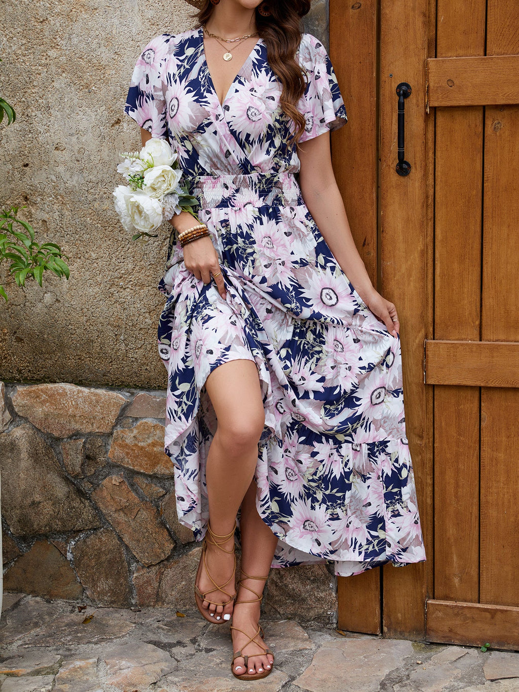 Women V Neck Short Sleeved Holiday Dress Femininity Waist Slimming Long Dress