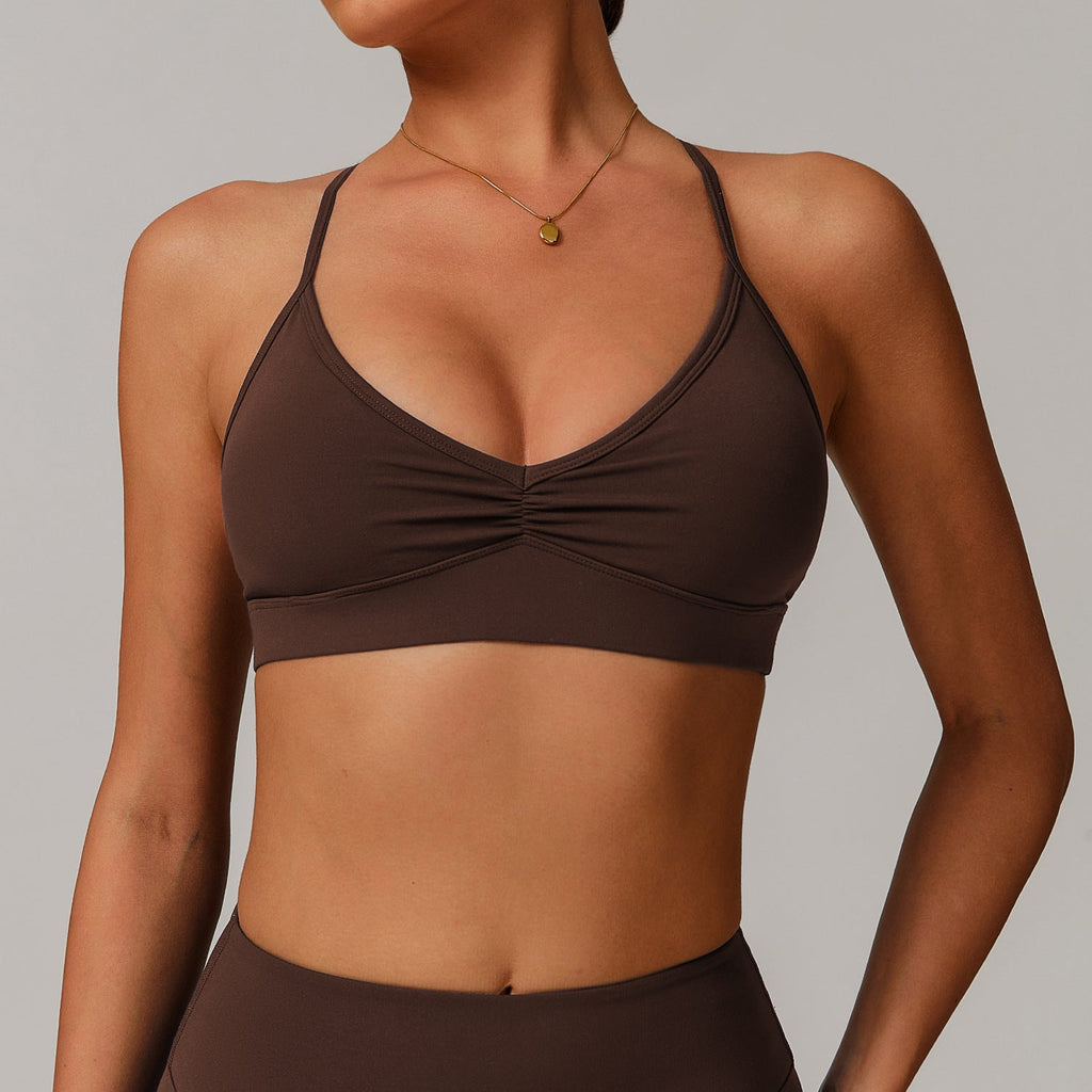 Sollinarry V neck Yoga Bra Cross Back Slimming Pleated Underwear Running Sports Workout Bra Bella Mia